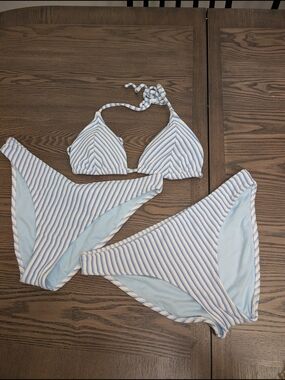 Hollister Blue and White Striped Bikini Set L And M